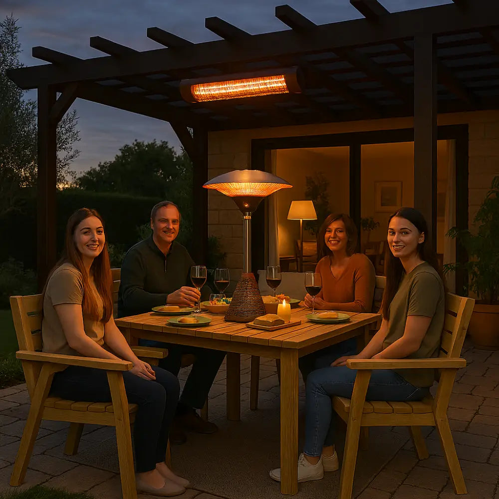 Four people sitting around a wooden table under a pergola with outdoor halogen heater.