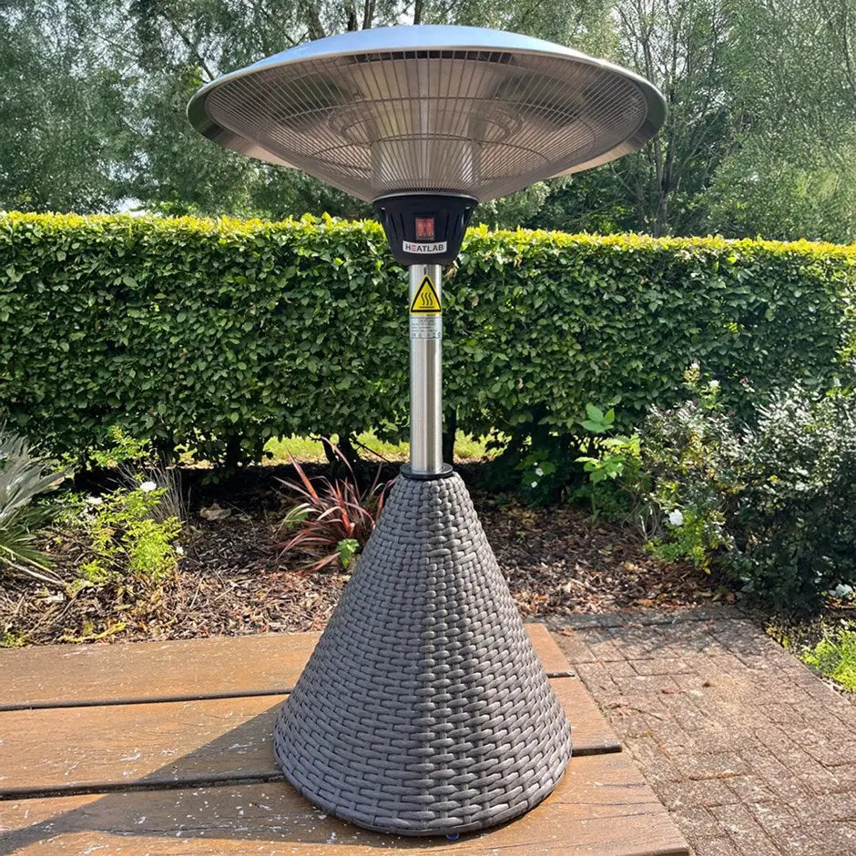 Halogen Bulb Infrared Tabletop Heater with Brown Rattan Base – 3 Heat Settings - Patio Heaters