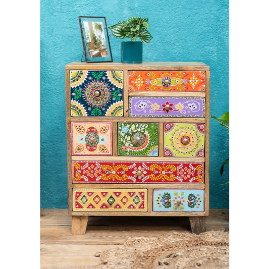 Hand-Painted 9-Drawer Sankalaka Cabinet. Colourful wooden dresser with patterned drawers