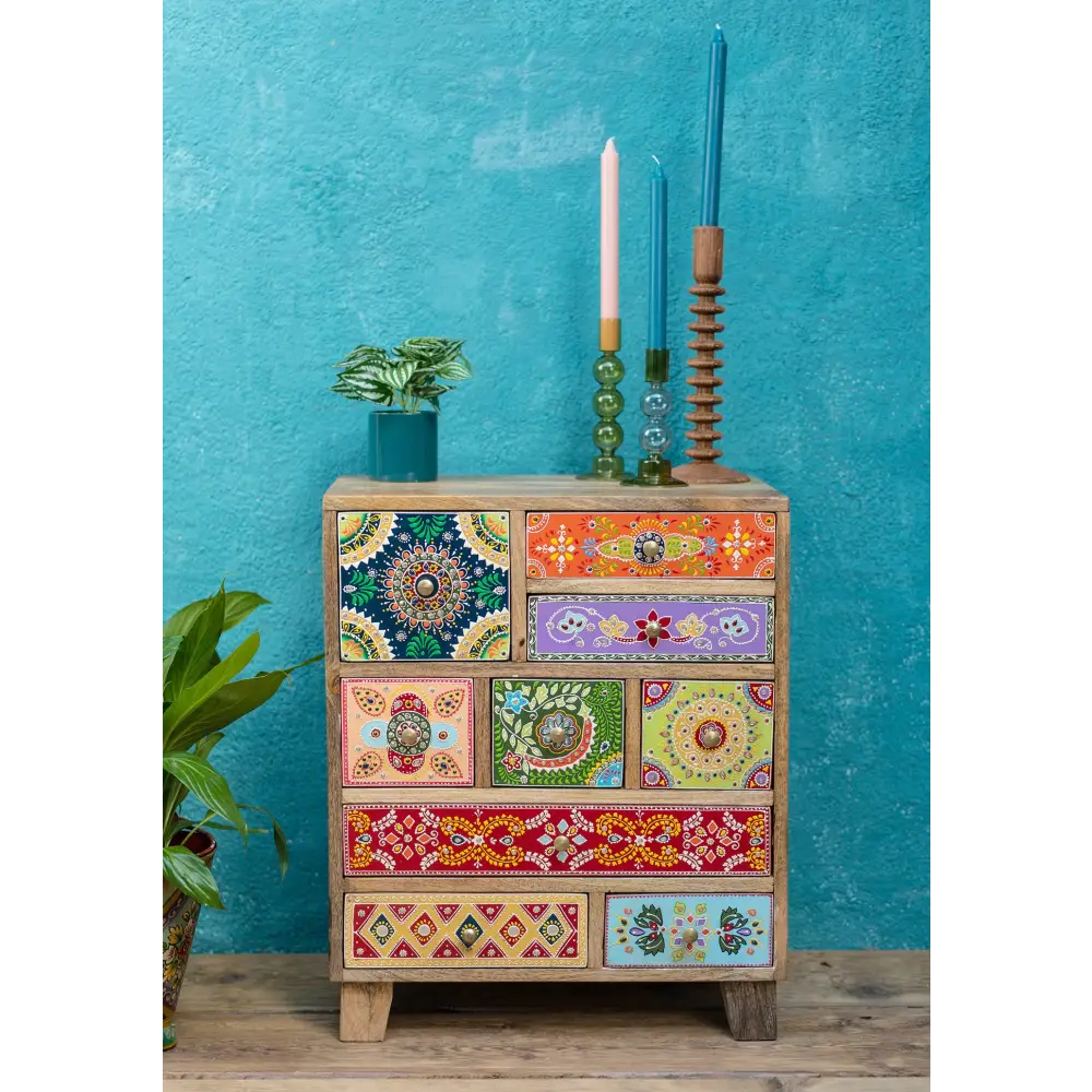 Hand-Painted 9-Drawer Sankalaka Cabinet. Wooden dresser with colourful geometric patterns