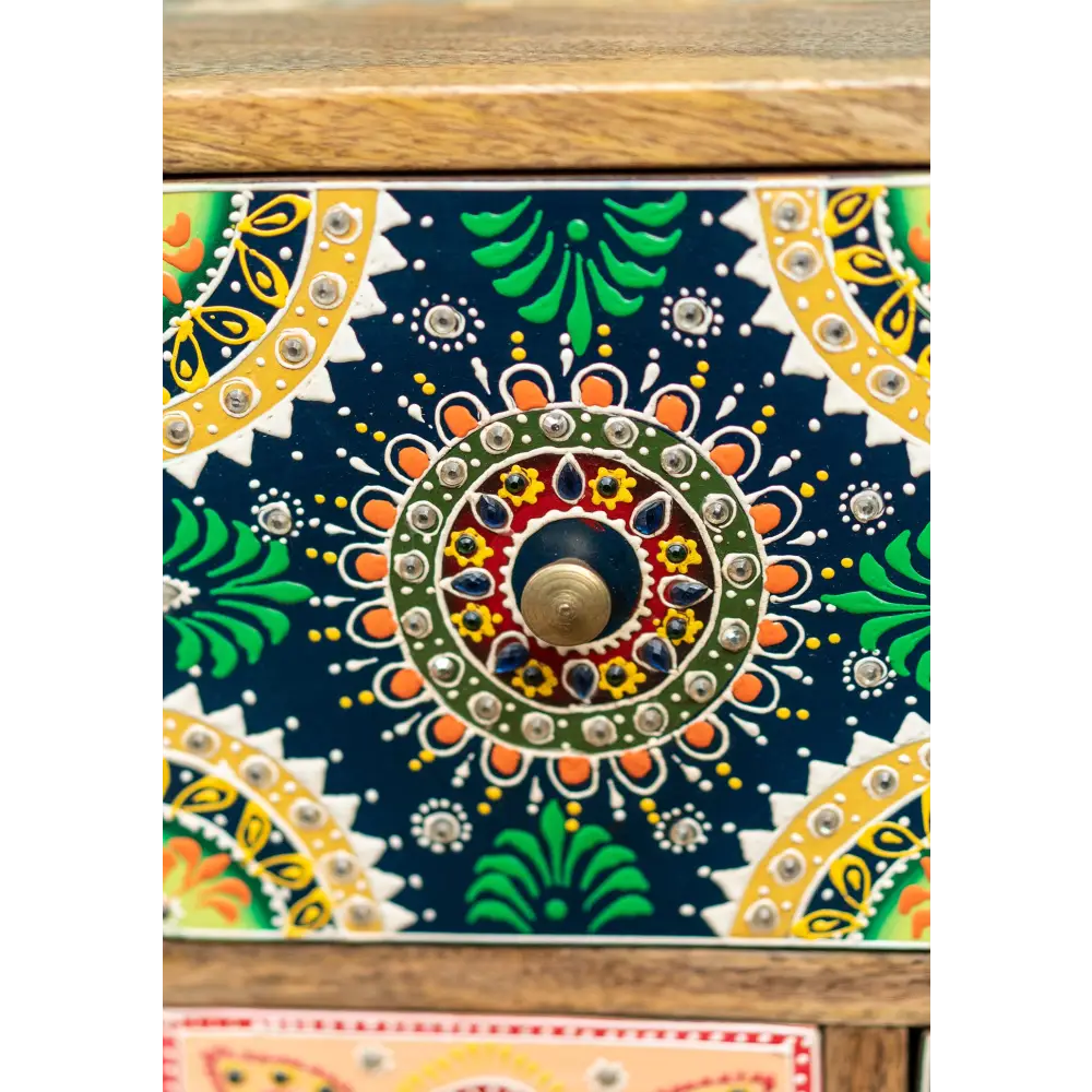 Hand-Painted 9-Drawer Sankalaka Cabinet. Decorative dresser with intricate patterns and colours