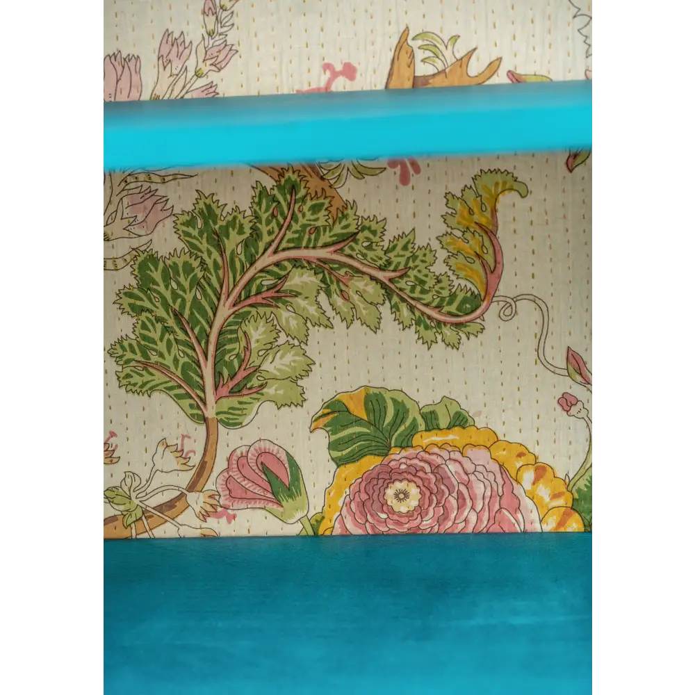 Hand Painted Bookshelf/Cabinet. Floral and leaf patterned fabric interior with a blue border