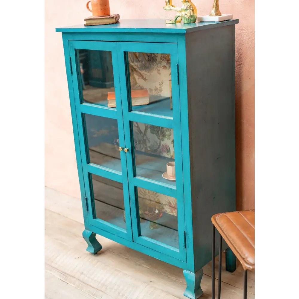 Hand Painted Bookshelf/Cabinet. Turquoise glass-front cabinet 