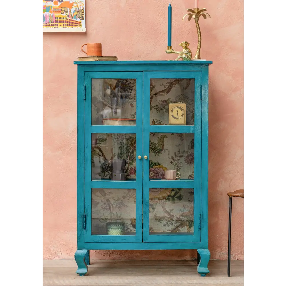 Hand Painted Bookshelf/Cabinet. Turquoise  glass-fronted cabinet 