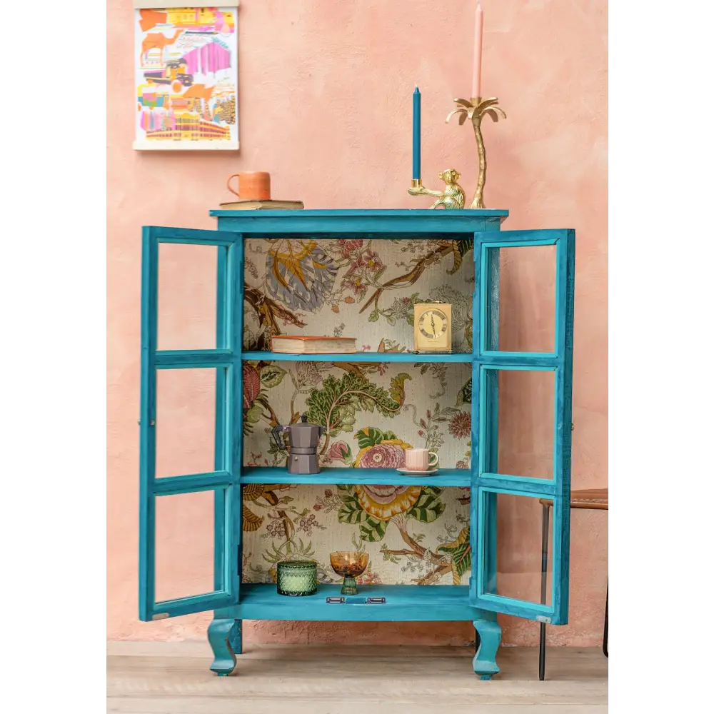 Hand Painted Bookshelf/Cabinet. Turquoise Blue cabinet with floral wallpaper interior 