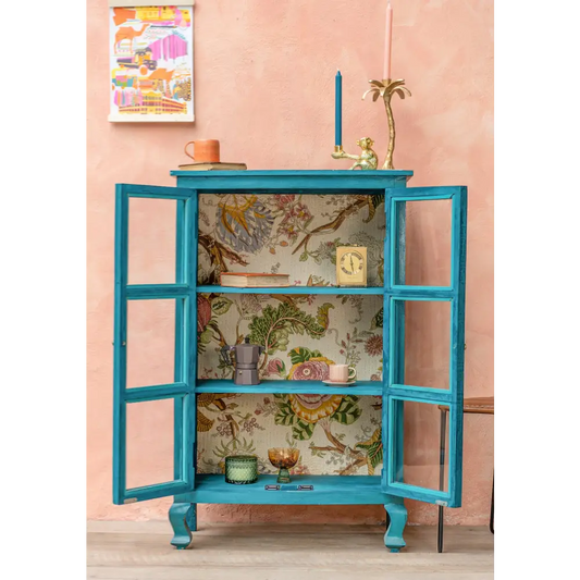 Hand Painted Bookshelf/Cabinet. Turquoise Blue cabinet with floral wallpaper interior 