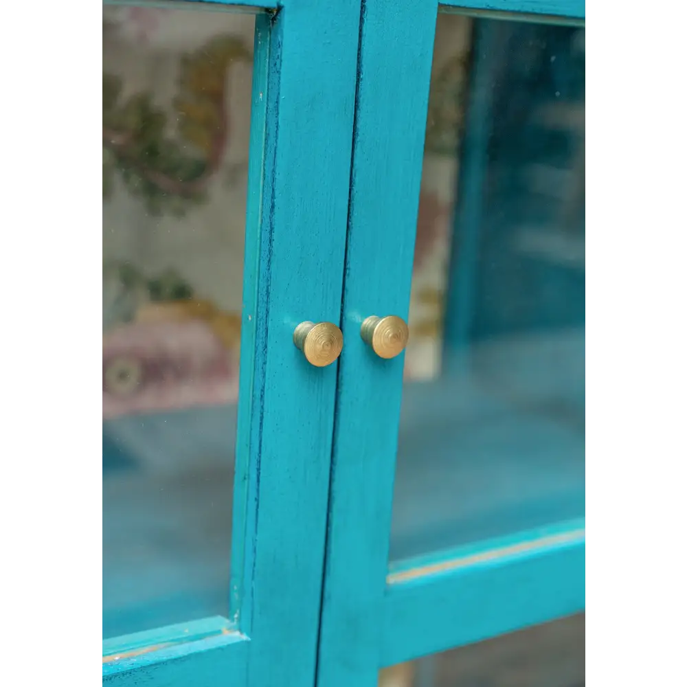 Hand Painted Bookshelf/Cabinet. Close-up of a turquoise cabinet with gold knobs 