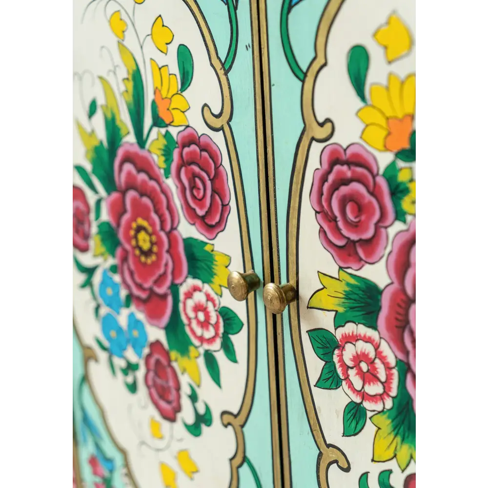 Hand-Painted Double Door Cupboard Decorative with floral design and gold accents
