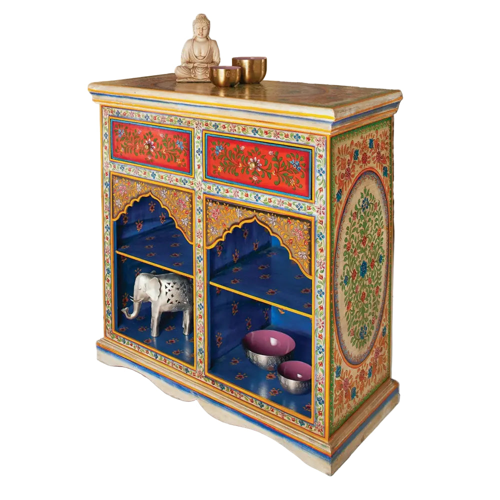 Hand-Painted Mango Wood Console & Bookcase. Decorative cabinet with colourful floral patterns and blue shelves.