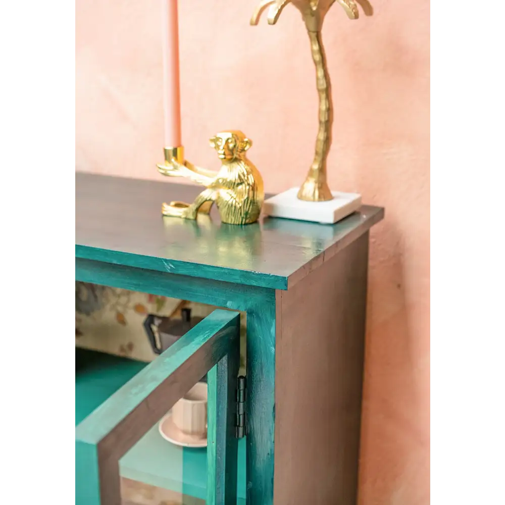 Hand-Painted Sea Green Glazed Cabinet. Glass fronted cabinet
