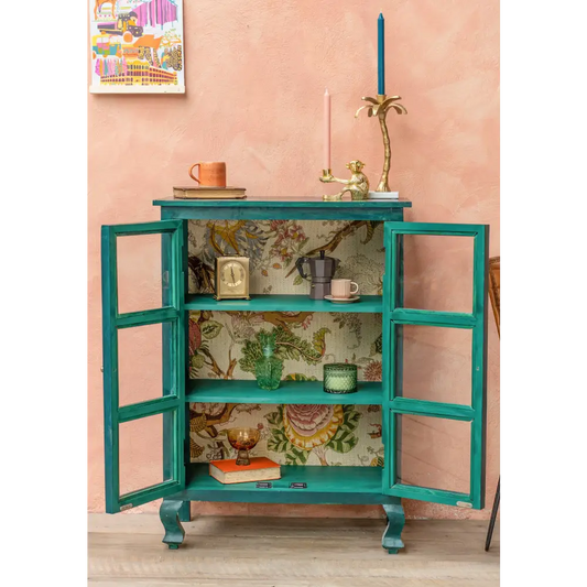 Hand-Painted Sea Green Glazed Cabinet, with floral wallpaper