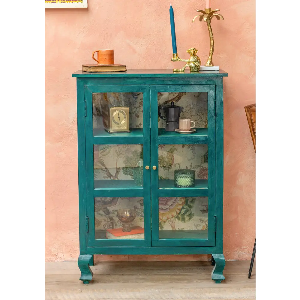 Hand-Painted Sea Green Glazed glass-front cabinet 