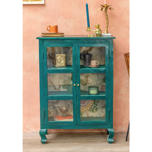Hand-Painted Sea Green Glazed glass-front cabinet 