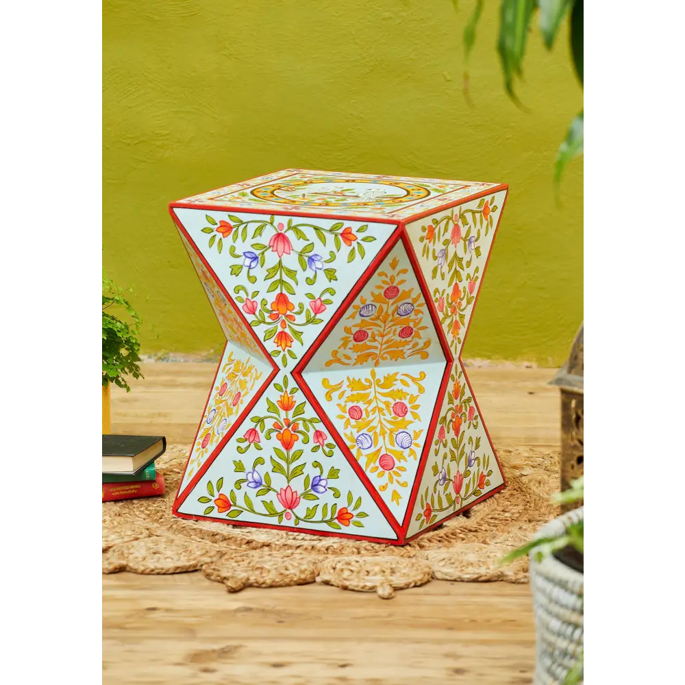 Hand-Painted Square Cut Side Table. Decorative hexagonal table with floral patterns 