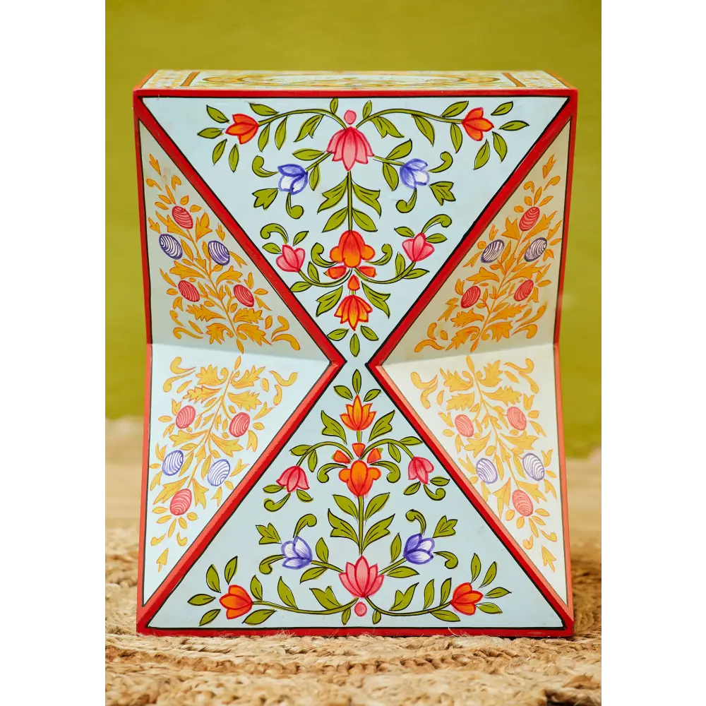 Hand-Painted Square Cut Side Table. Decorative box with floral patterns 
