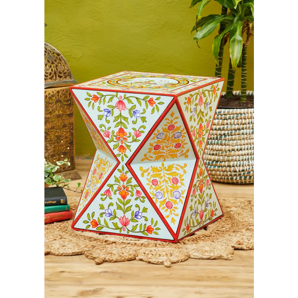 Hand-Painted Square Cut Side Table. Decorative hexagonal side table with floral patterns 