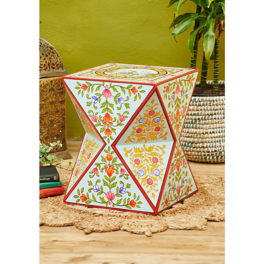 Hand-Painted Square Cut Side Table. Decorative hexagonal side table with floral patterns 