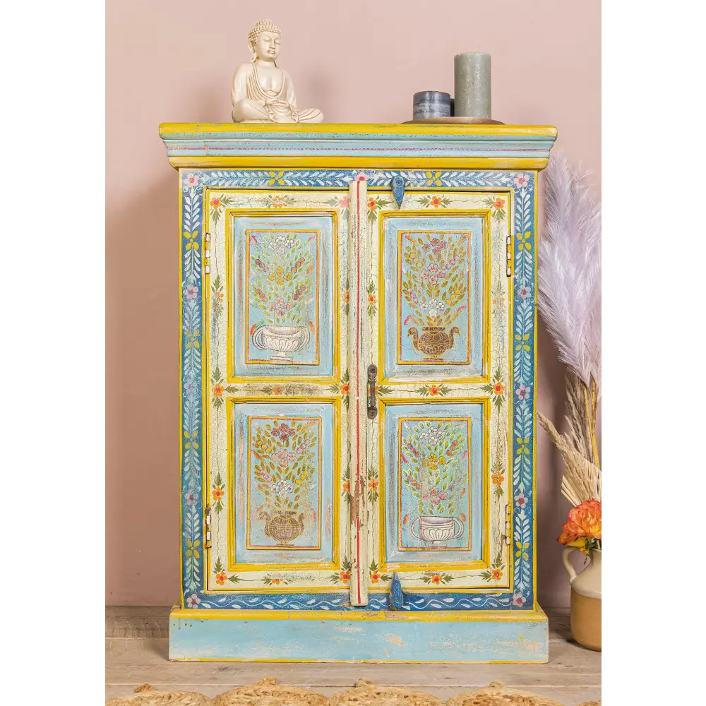 Hand-Painted Vintage 2-Door Cabinet. Decorative cabinet with floral patterns