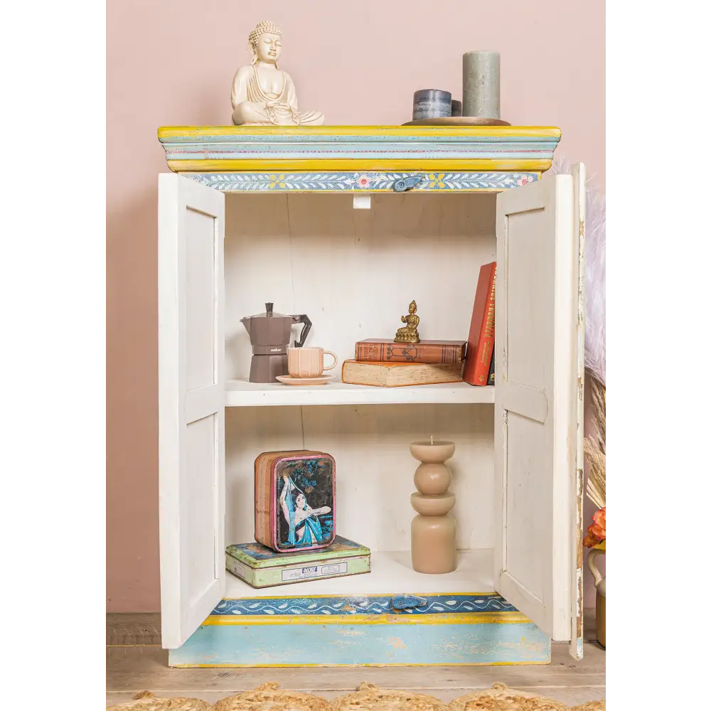 Hand-Painted Vintage 2-Door Cabinet. Decorative cabinet with colourful top and base