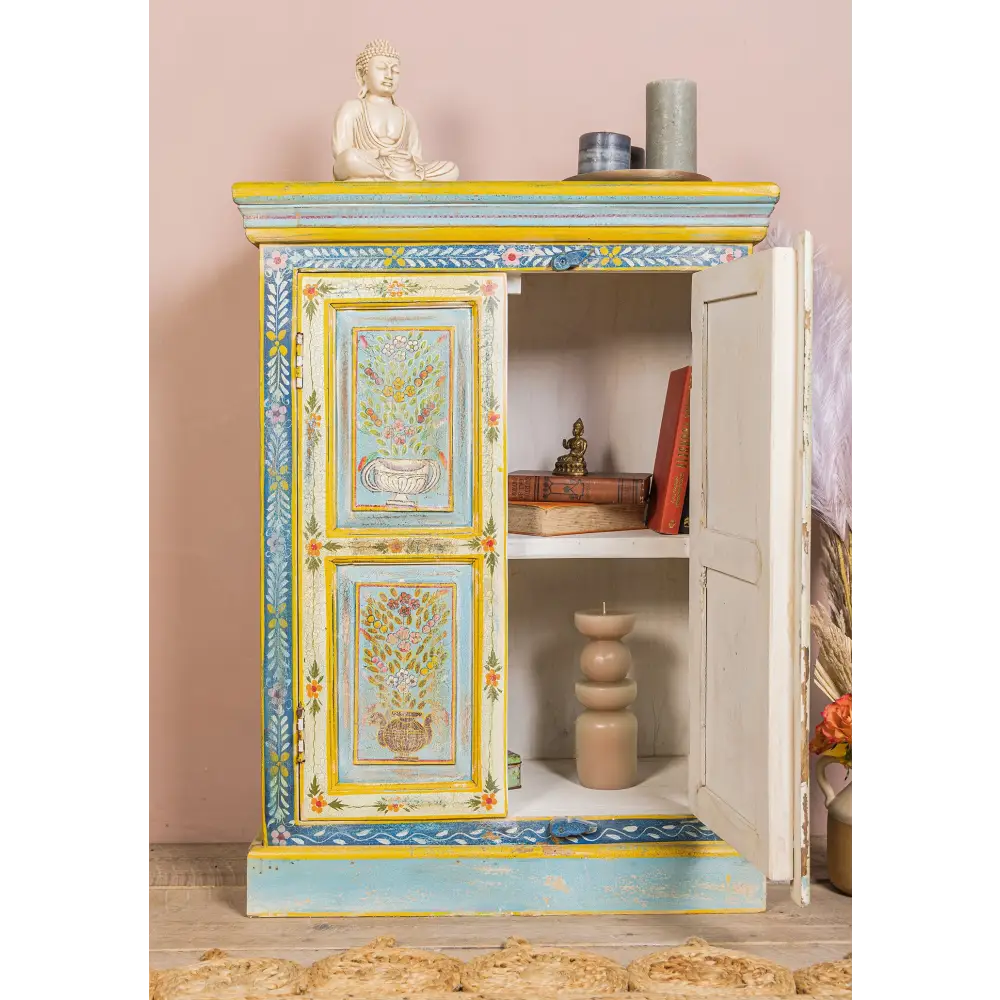 Hand-Painted Vintage 2-Door Cabinet. Decorative cabinet with floral patterns and colourful design
