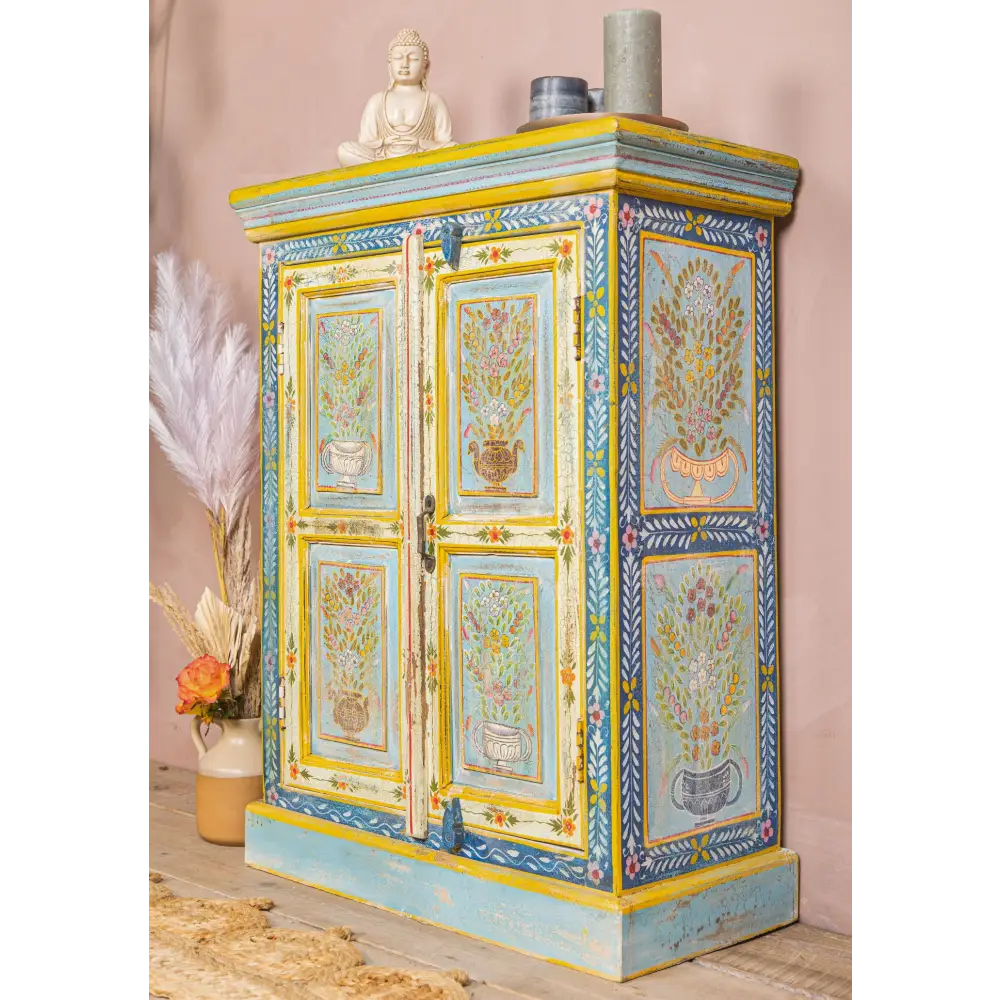 Hand-Painted Vintage 2-Door Cabinet. Decorative cabinet with floral patterns
