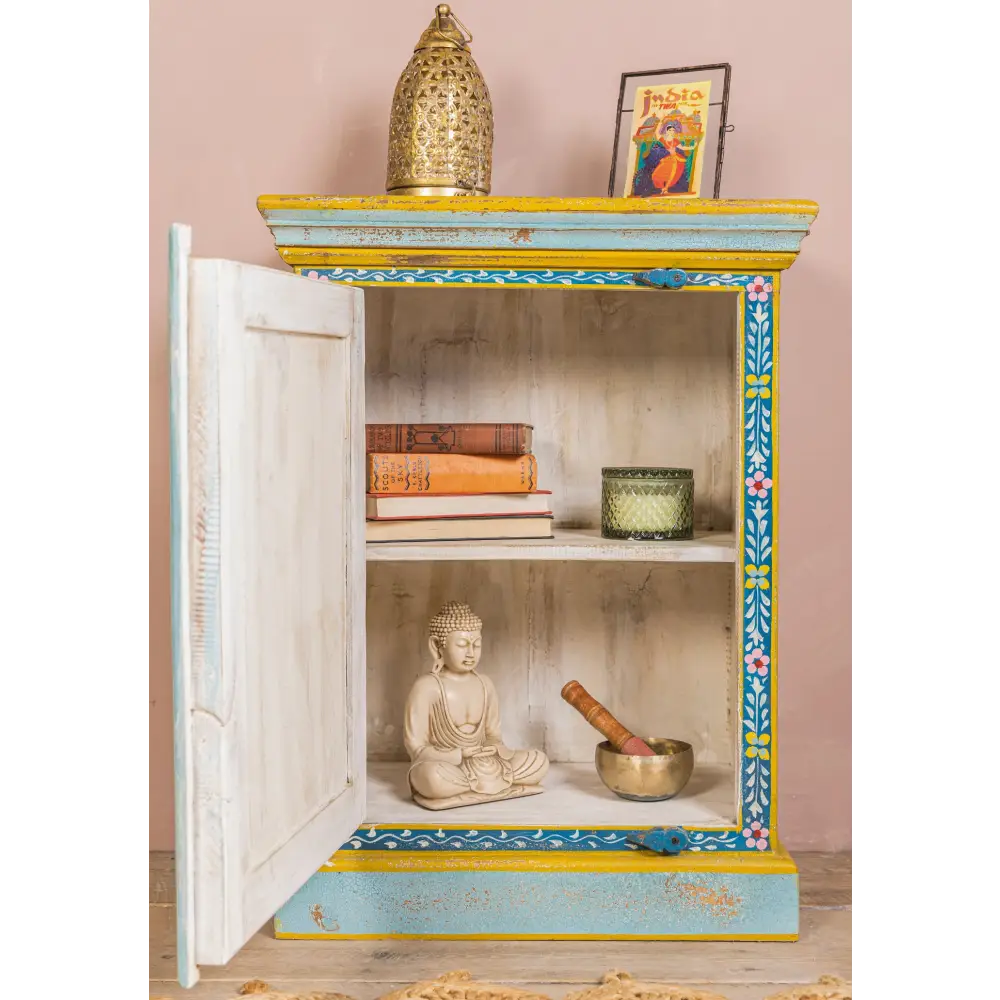 Hand-Painted Vintage Bedside Cabinet . Decorative cabinet with shelves