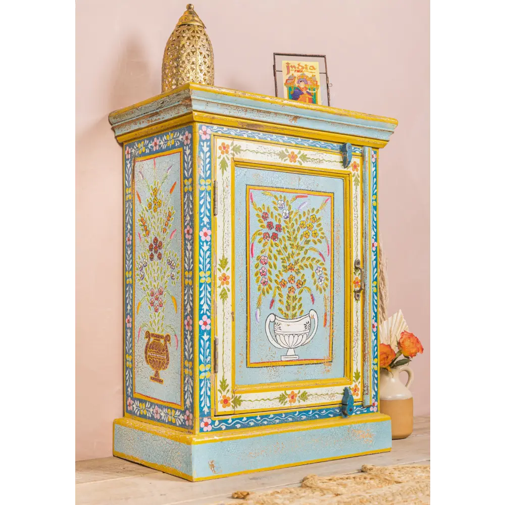 Hand-Painted Vintage Bedside Cabinet . Decorative cabinet with floral patterns 