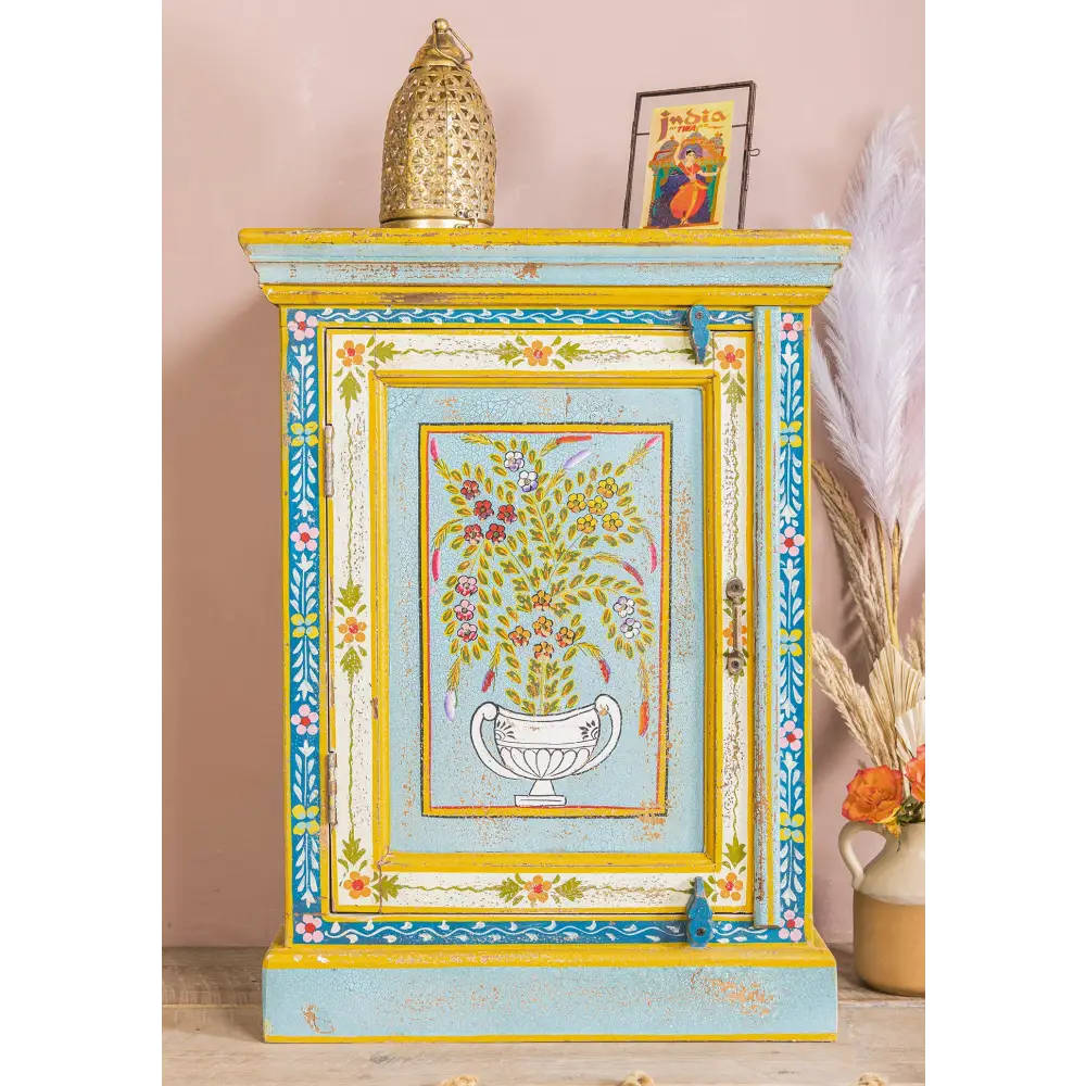Hand-Painted Vintage Bedside Cabinet . Decorative cabinet with floral design and colourful patterns 
