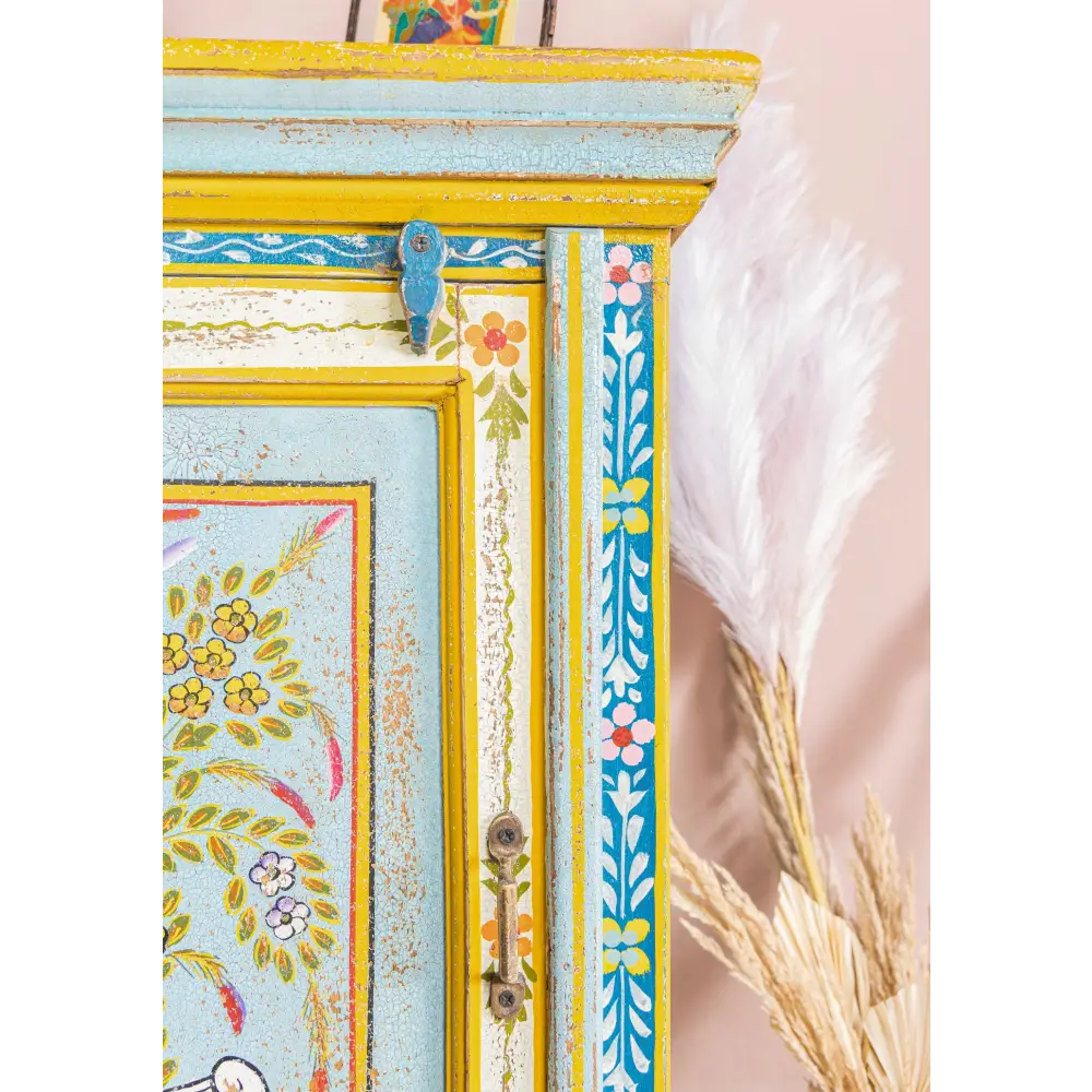 Hand-Painted Vintage Bedside Cabinet . Decorative frame with floral patterns.