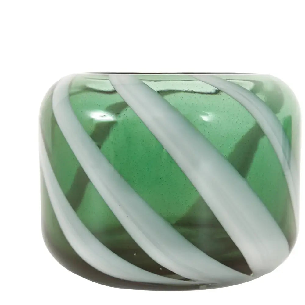 Handblown Green & White Candy Stripe Glass Tea light Holder Set (2 Pieces) - Candle