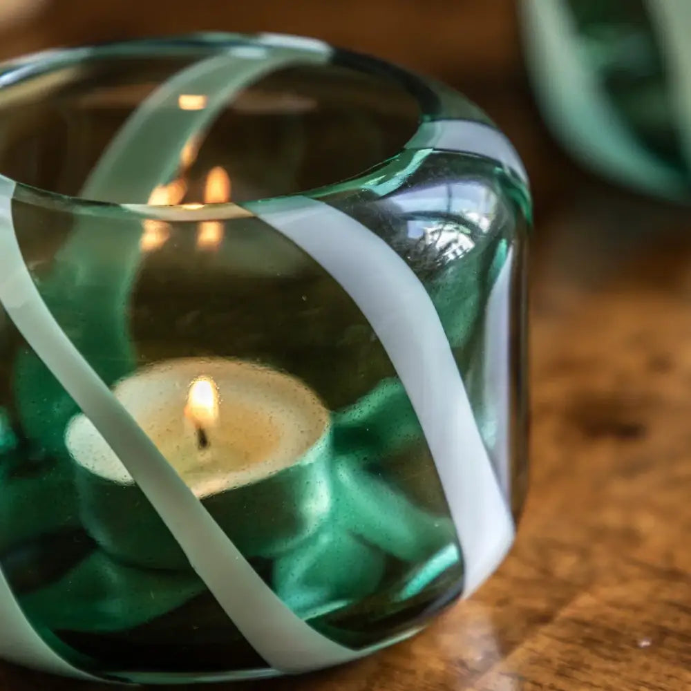 Handblown Green & White Candy Stripe Glass Tea light Holder Set (2 Pieces) - Candle