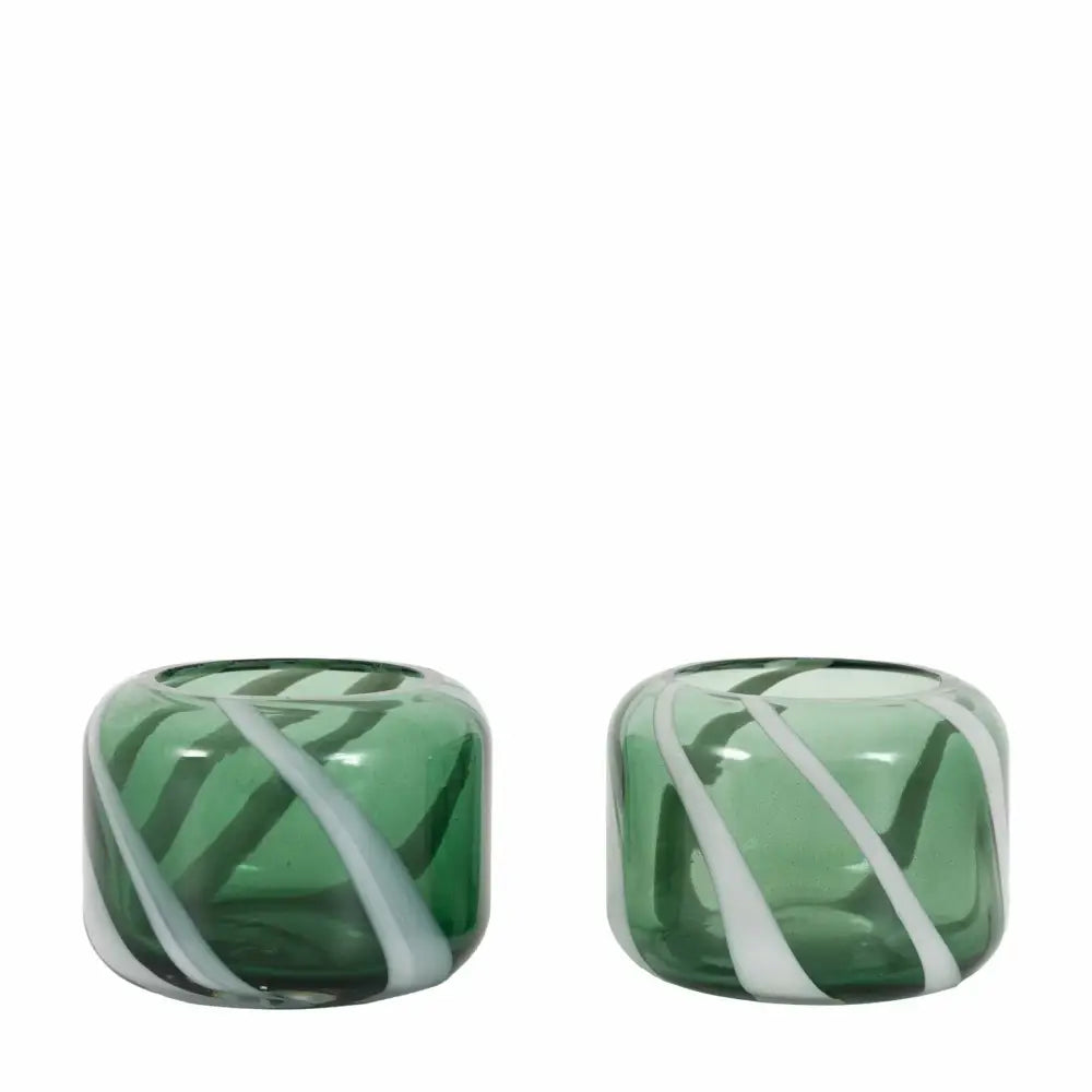 Handblown Green & White Candy Stripe Glass Tea light Holder Set (2 Pieces) - Candle