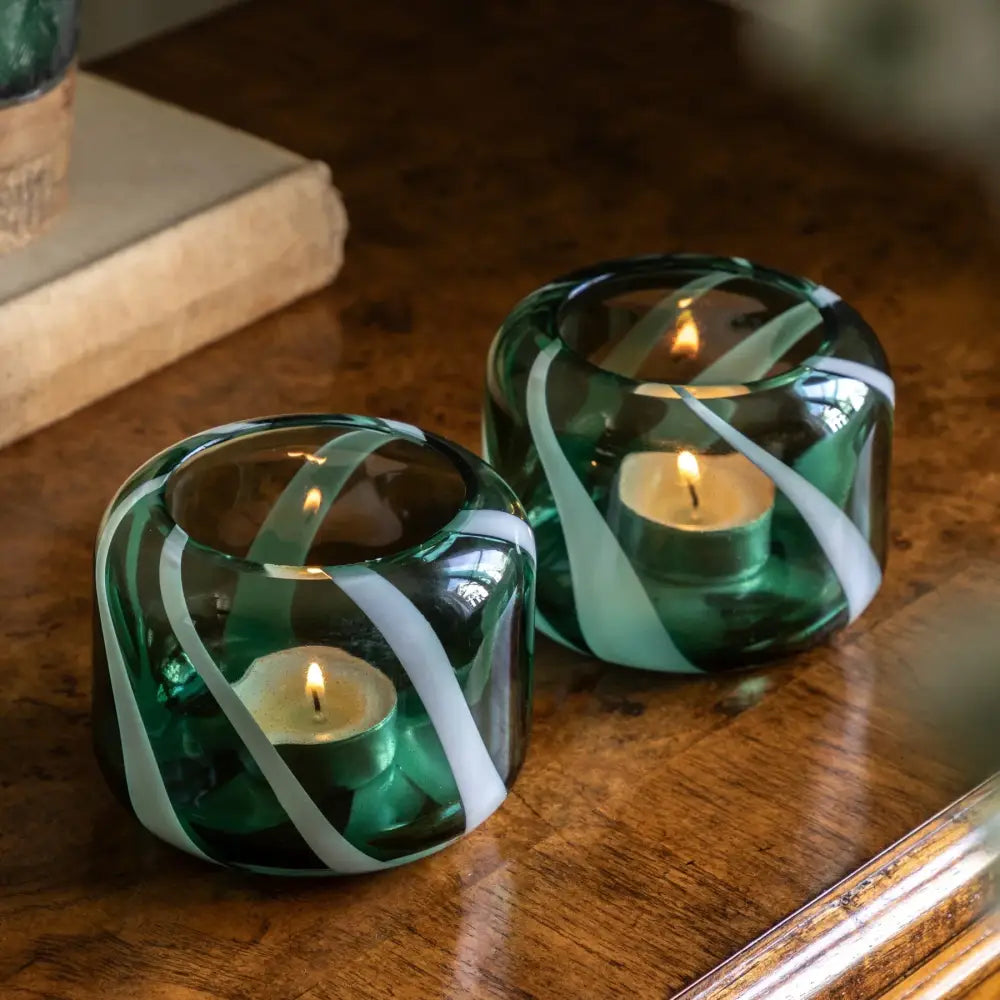 Handblown Green & White Candy Stripe Glass Tea light Holder Set (2 Pieces) - Candle