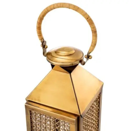 Hurricane Festival S Lantern – Vintage Brass & Natural Rattan