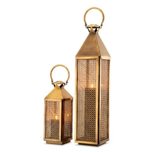Hurricane Festival S Lantern – Vintage Brass & Natural Rattan