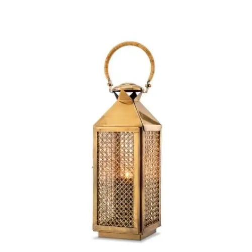 Hurricane Festival S Lantern – Vintage Brass & Natural Rattan
