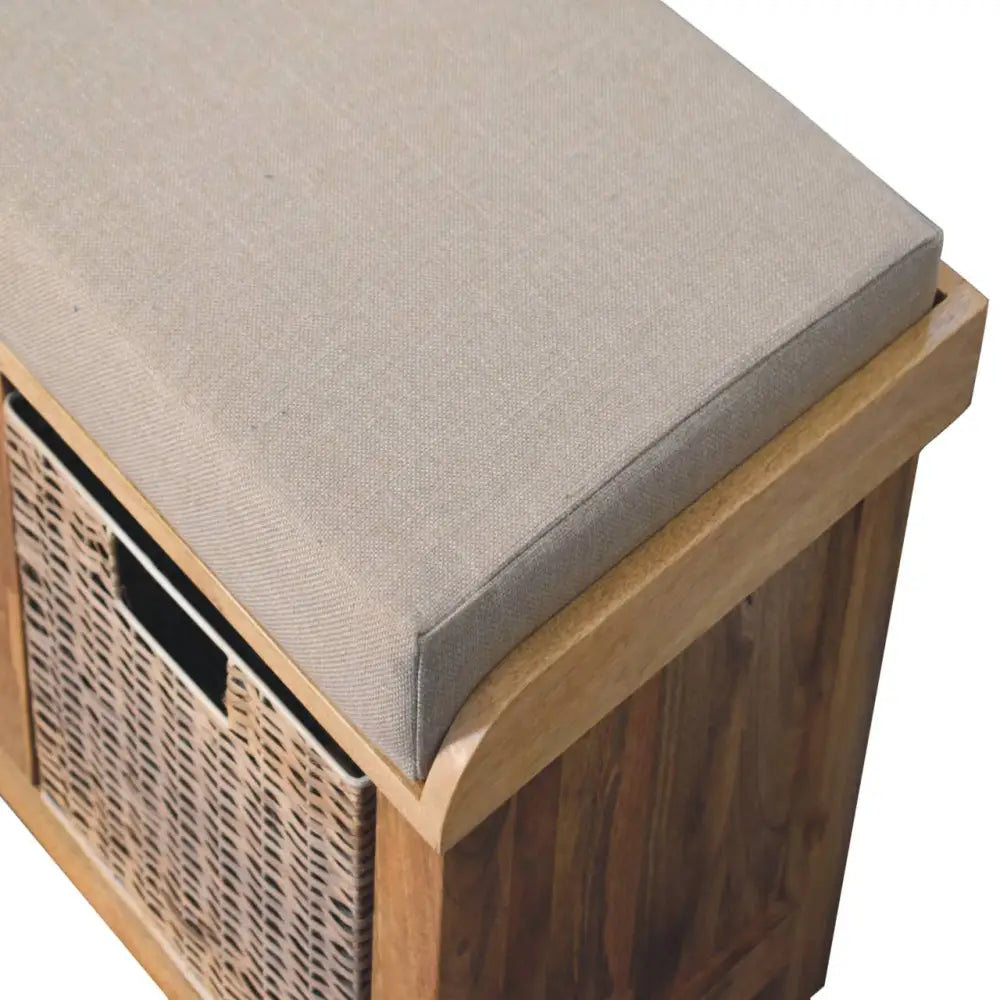 Eco-friendly home decor. Indoor bench seating with storage and cushion Wooden bench with a grey cushion. 