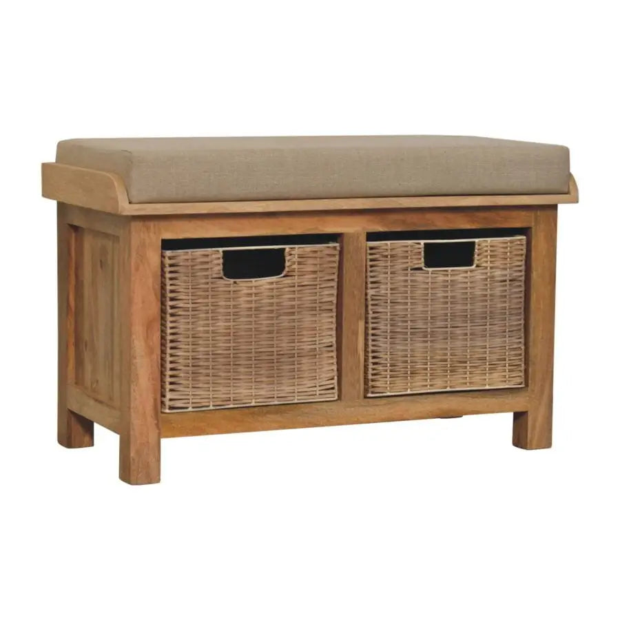 Indoor bench seating with storage and cushion Wooden storage bench with woven basket doors and cushioned seat. Eco-friendly home decor.