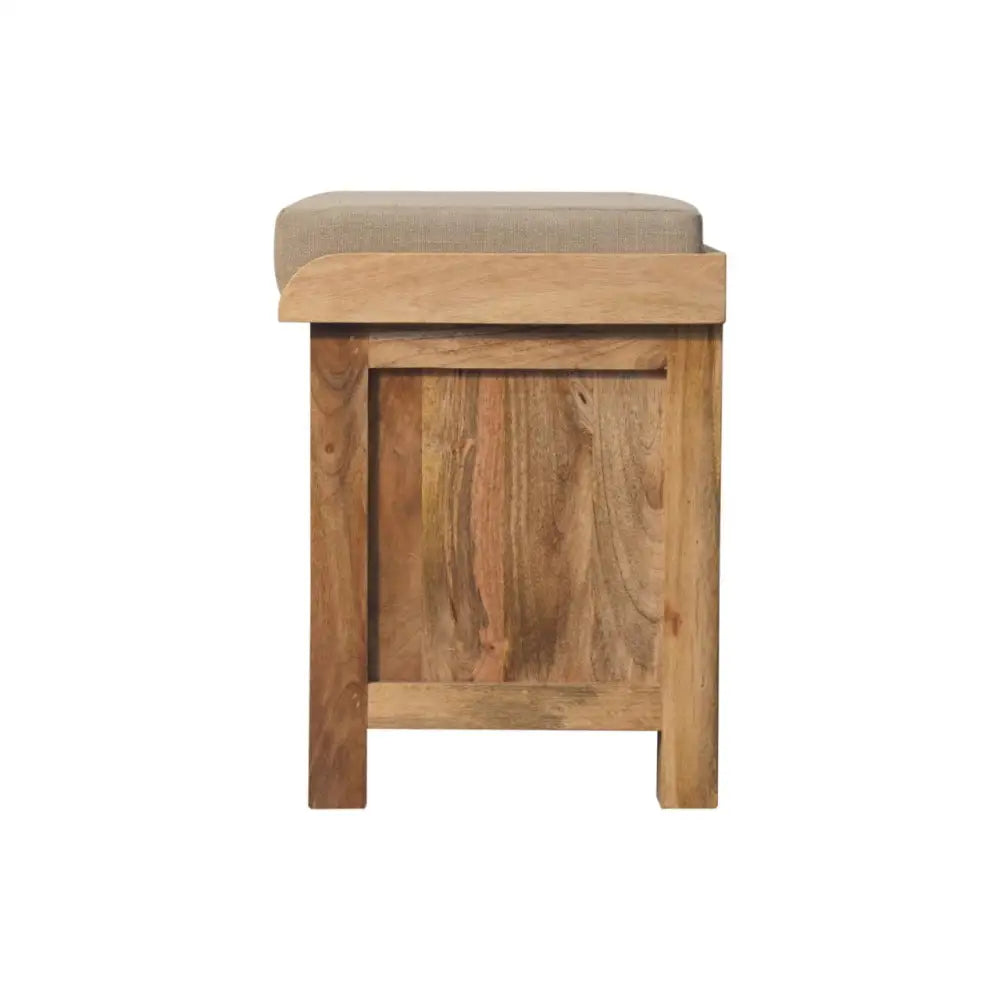 Sustainable furniture. Indoor bench seating with storage and cushion. Eco-friendly home decor.