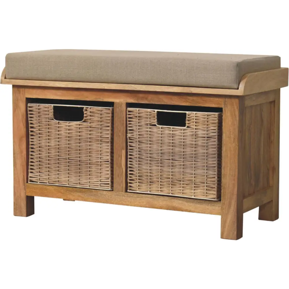Eco-friendly home decor. Indoor bench seating with storage and cushion Wooden bench with cushioned top and wicker storage baskets 