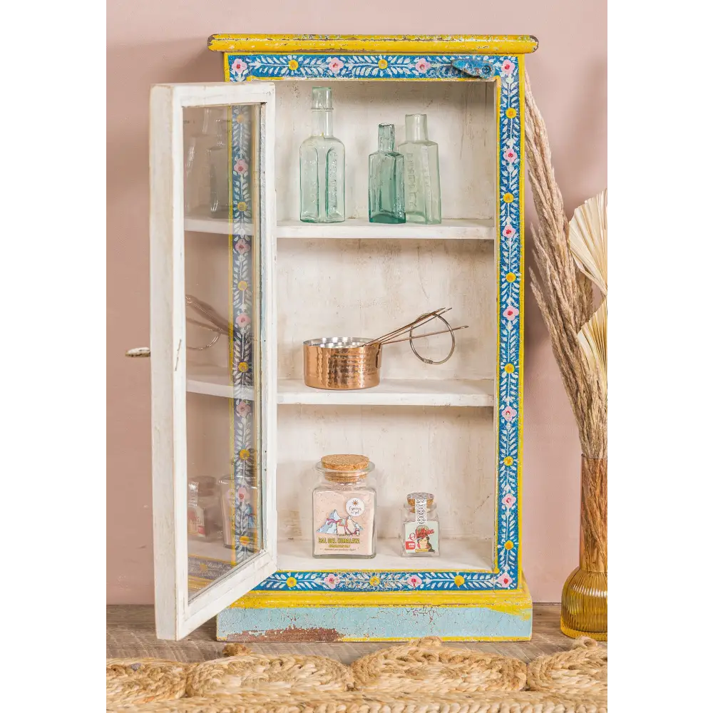 Kanchana Glazed Tall Showcase Hand Painted. Decorative cabinet with floral patterns 