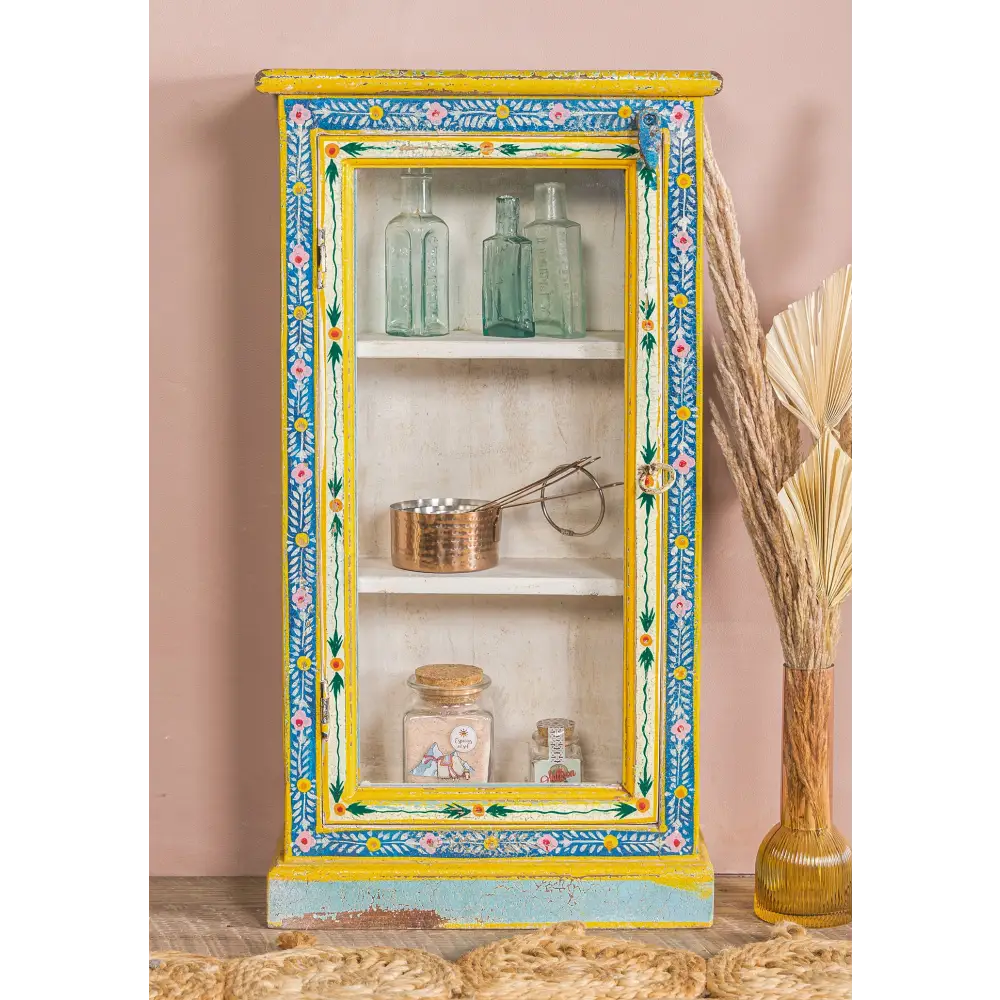 Kanchana Glazed Tall Showcase Hand Painted. Decorative cabinet with floral patterns 
