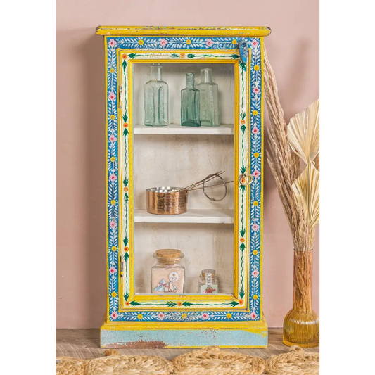 Kanchana Glazed Tall Showcase Hand Painted. Decorative cabinet with floral patterns 