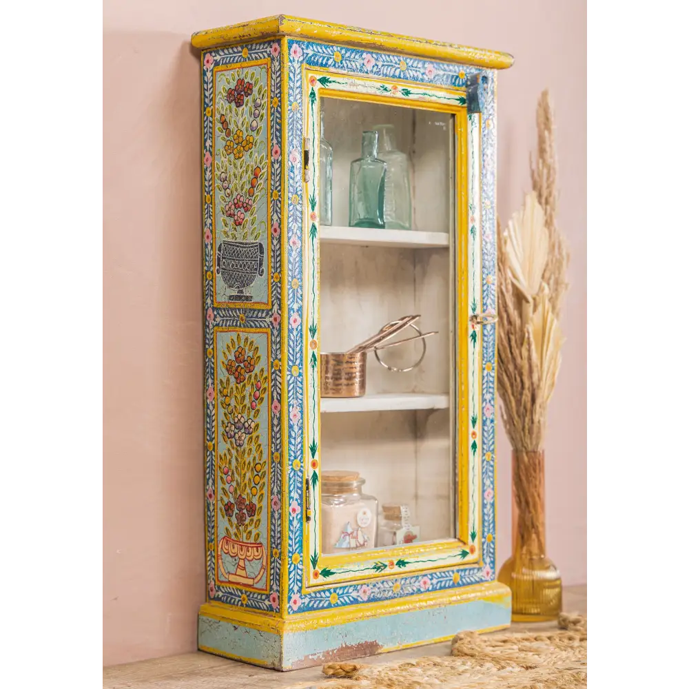 Kanchana Glazed Tall Showcase Hand Painted. Decorative cabinet with floral patterns 