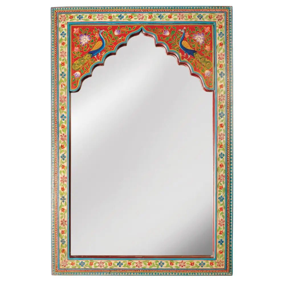 Large Hand-Painted Peacock Wall Mirror. Decorative mirror with a colourful, ornate frame 