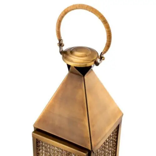 Large Hurricane Festival Lantern – Vintage Brass & Natural Rattan - Candle Holder