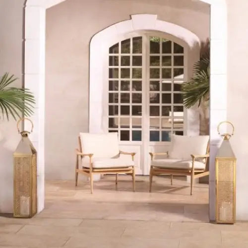 Large Hurricane Festival Lantern – Vintage Brass & Natural Rattan - Candle Holder