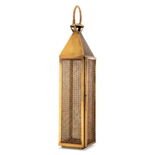 Large Hurricane Festival Lantern – Vintage Brass & Natural Rattan - Candle Holder