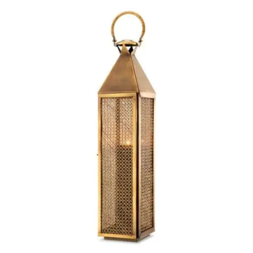 Large Hurricane Festival Lantern – Vintage Brass & Natural Rattan - Candle Holder