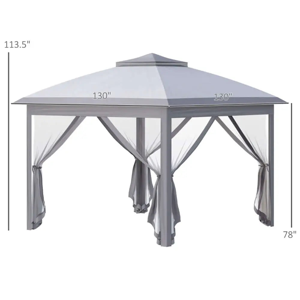 All seasons heavy duty party tent gazebo with sides. Grey outdoor gazebo with dimensions labeled 
